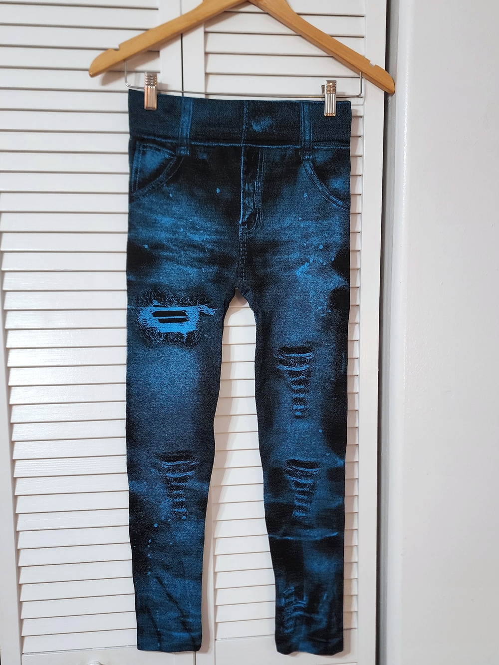 Blue Distressed Jeggings - Stretch Denim-Look Leggings, High Waisted - Picture 2 of 9